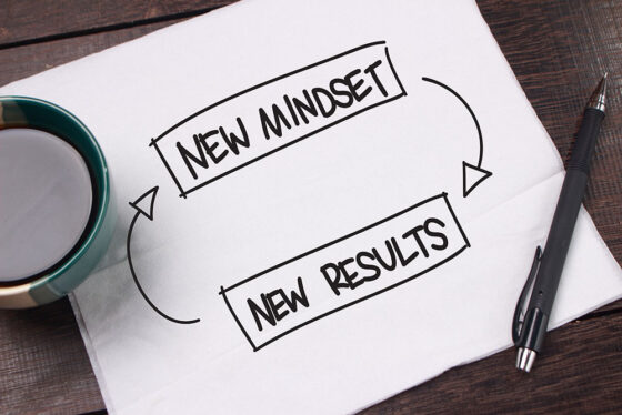 white piece of paper with arrows pointing from New Mindset to New Results and back