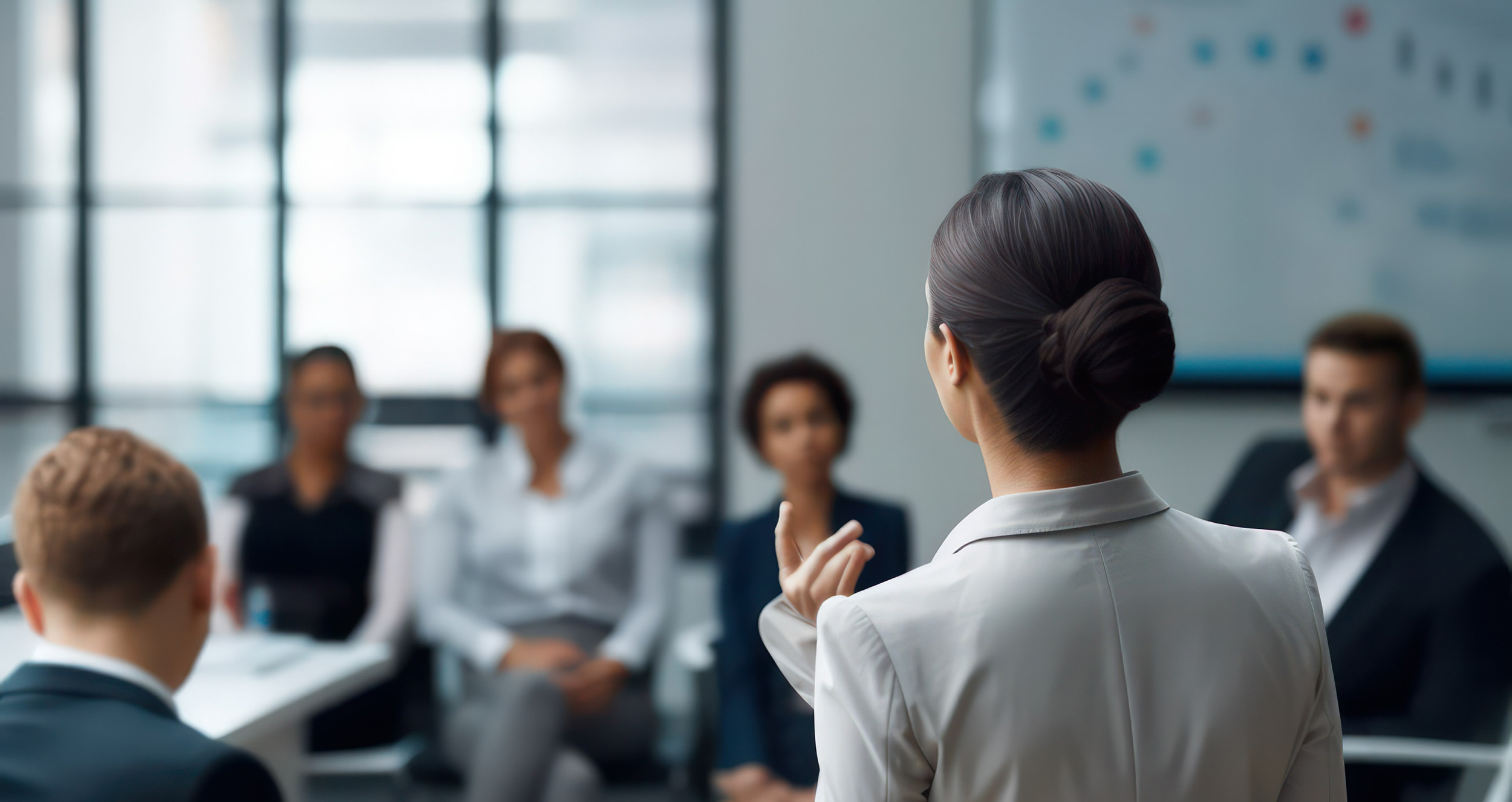 Woman talking to coworkers at a meeting