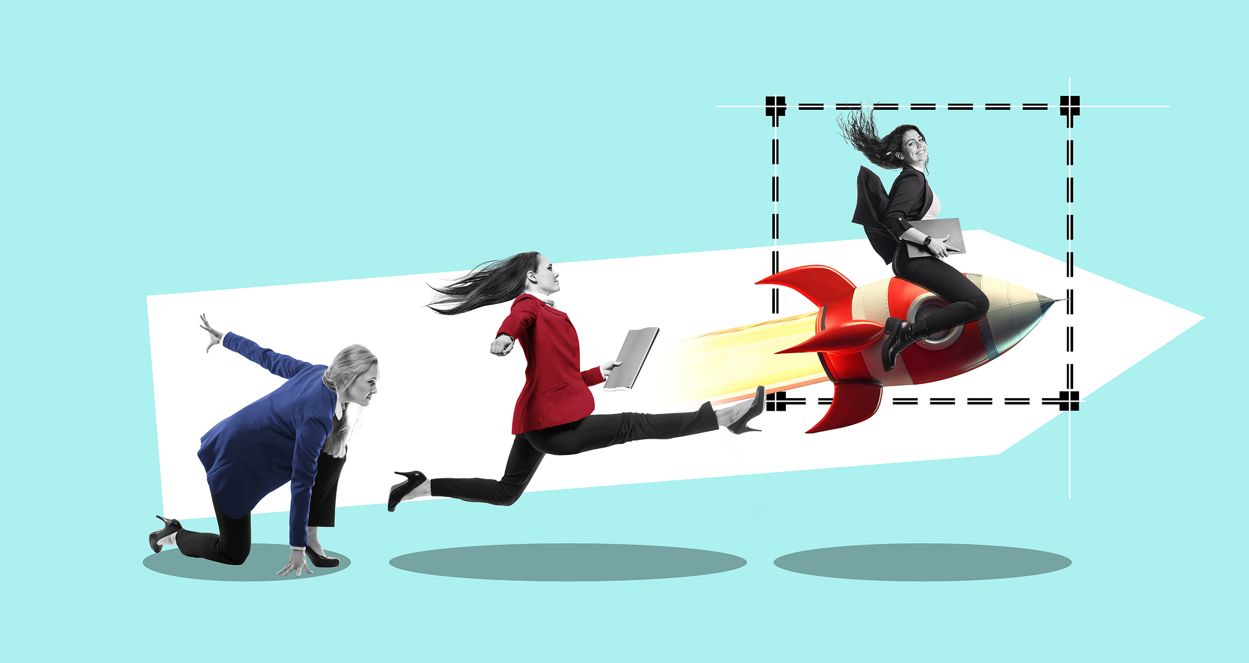 Employee growth depicted through woman sitting on a rocketship