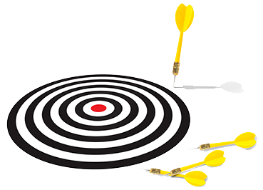 black rings with red center forming a target surrounded by yellow darts