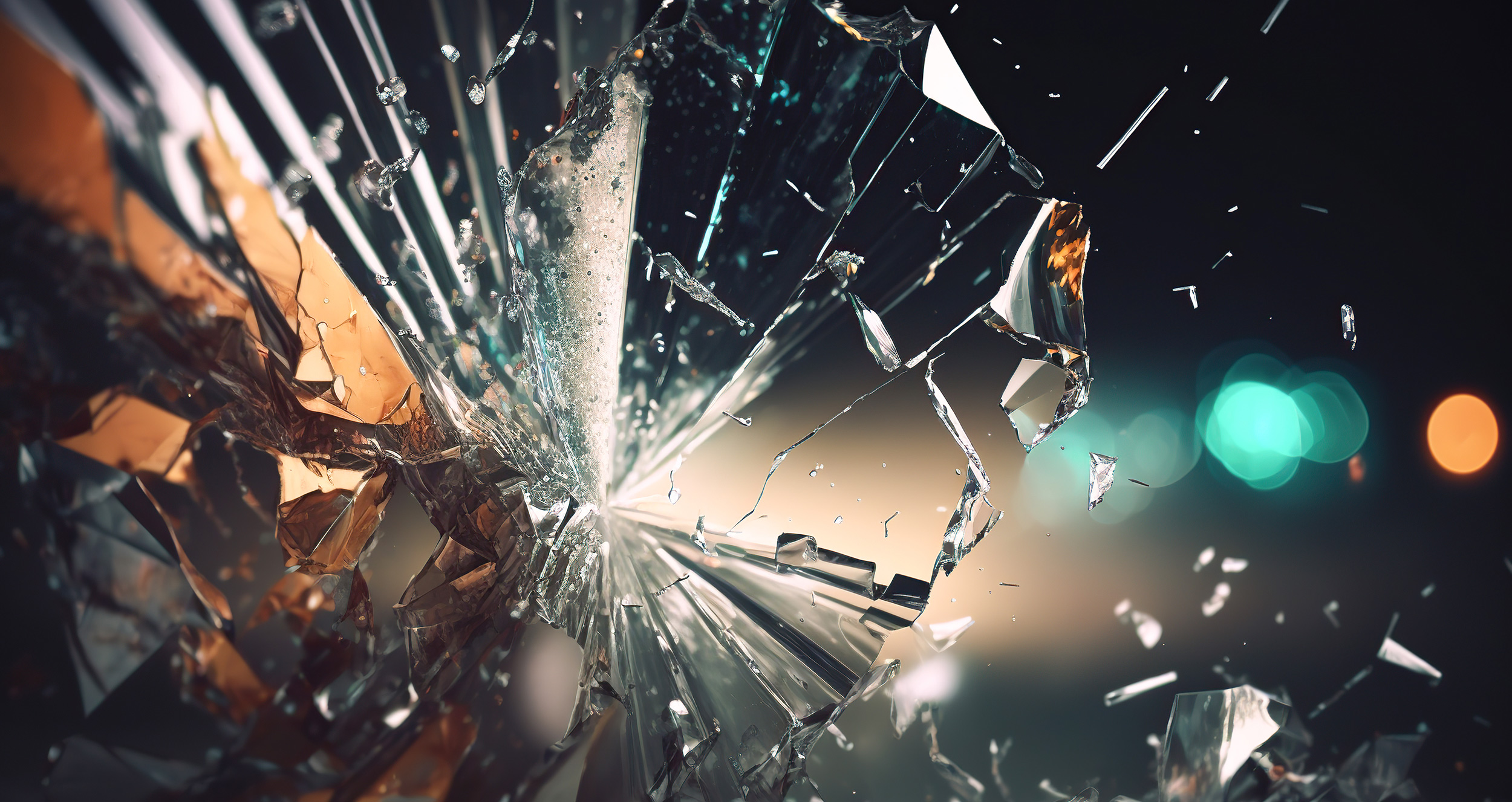 Hole in the broken window glass by a bullet shot. Circular crack