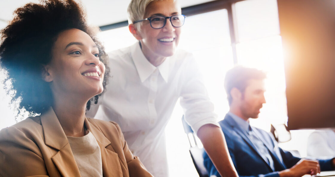 Leader and sales representative working together over computer