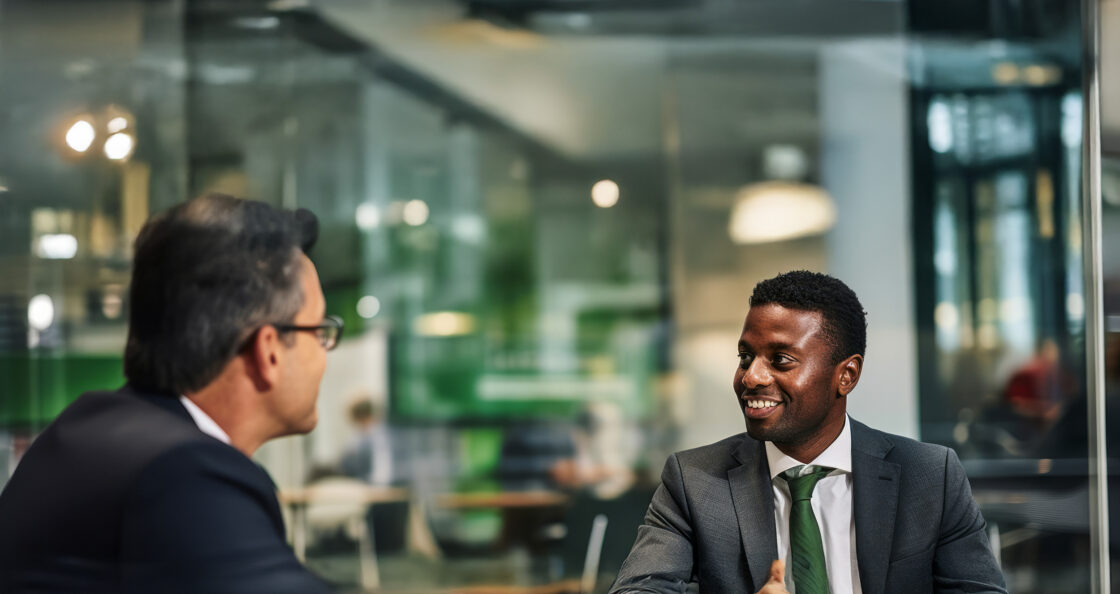 Male mentor with male sales trainee meeting at a table