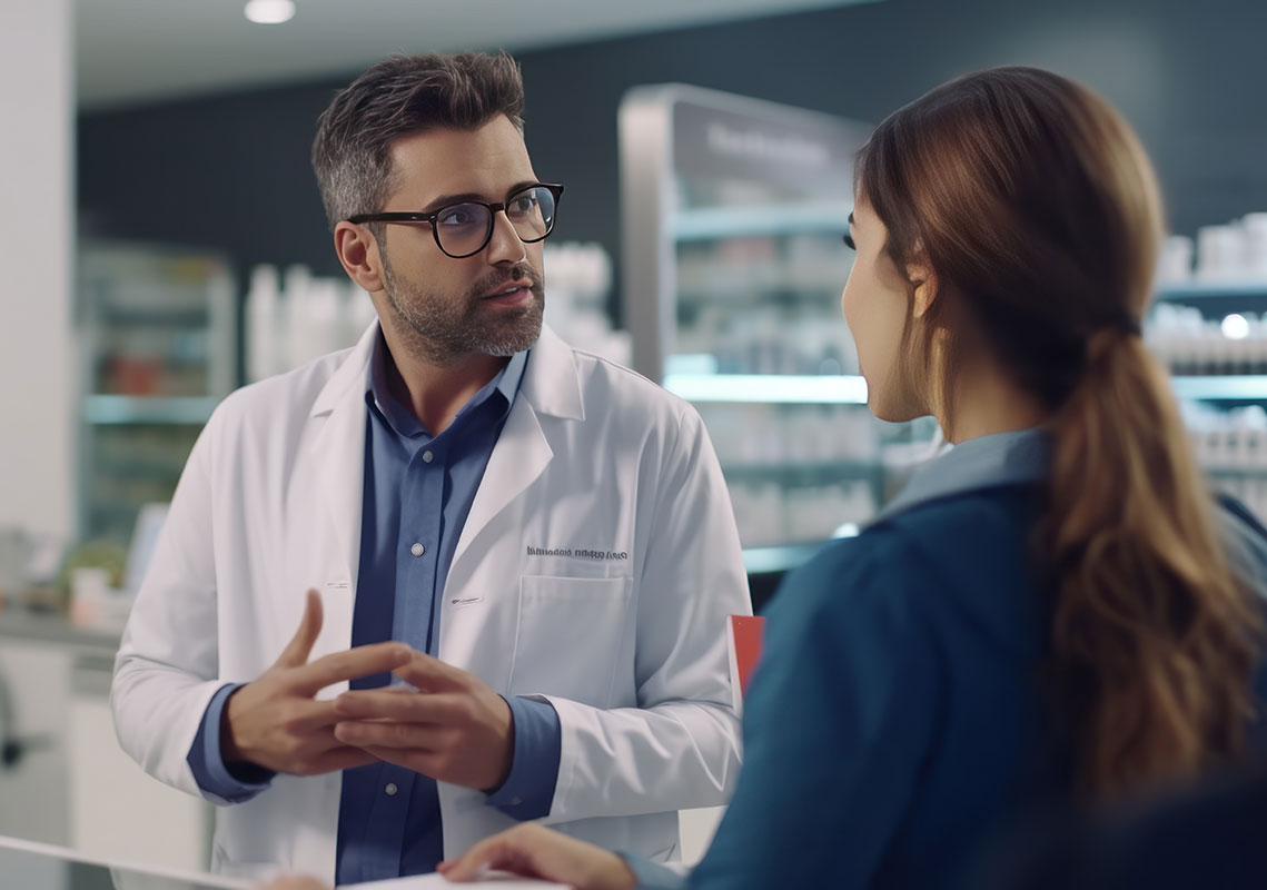 male pharmacist speaking with female customer