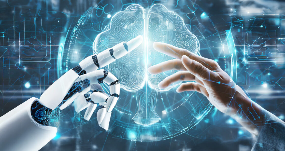 Robot and human fingers pointing at each other overlapping sketch of brain