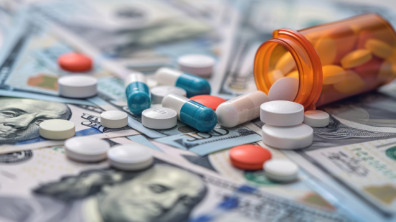 pill case open on top of money