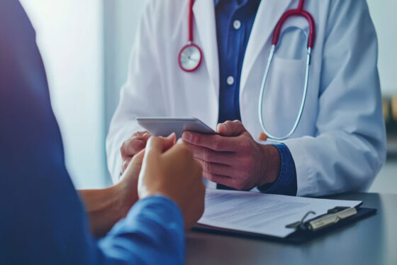 healthcare professional and pharma rep meeting at table