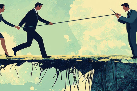 A leader helping his team over a vast gap