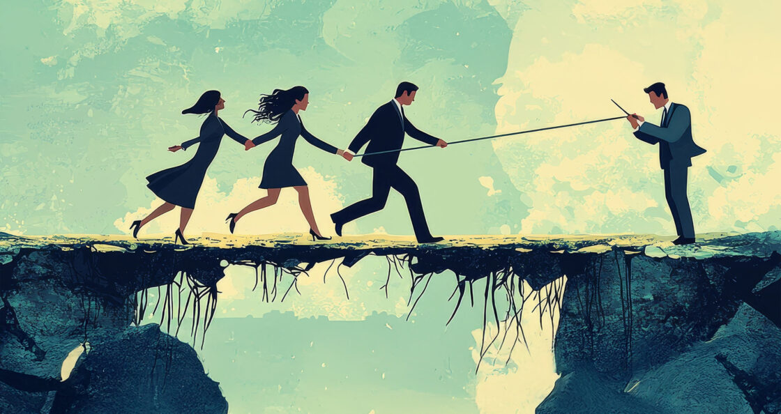 A leader helping his team over a vast gap