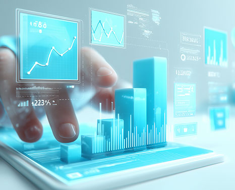 hand controlling tablet with overlaying graphs and charts