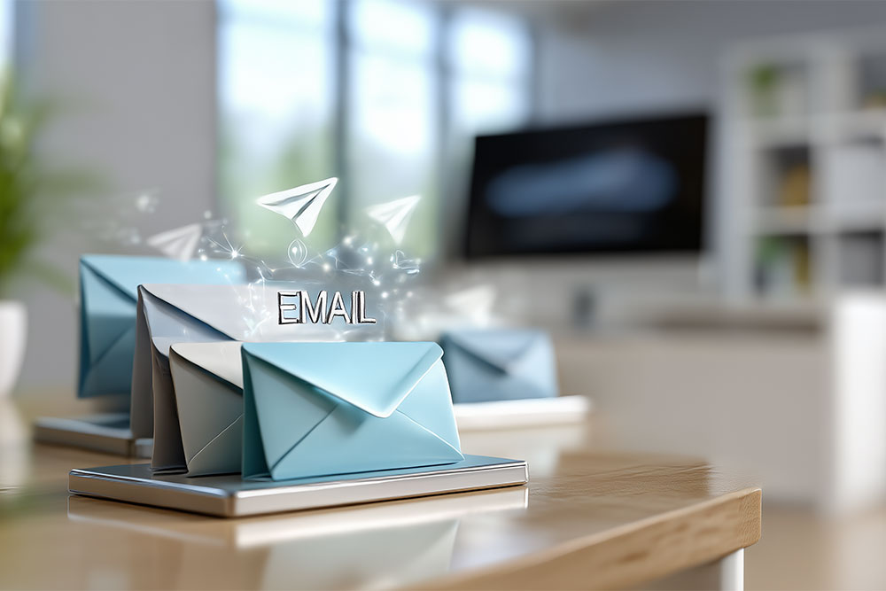 stack of envelopes on table top overlaid with the world email