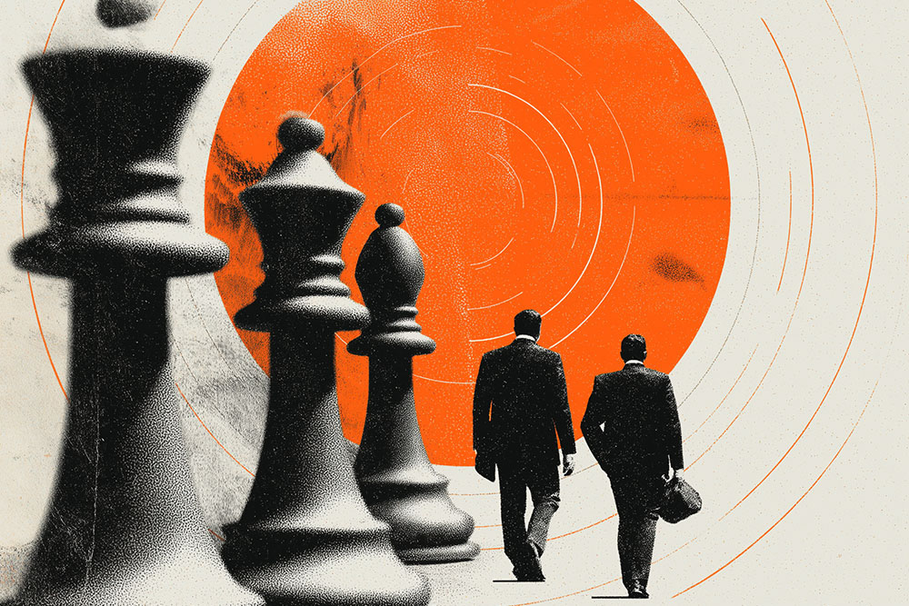 Chess pieces with two sales reps walking 
