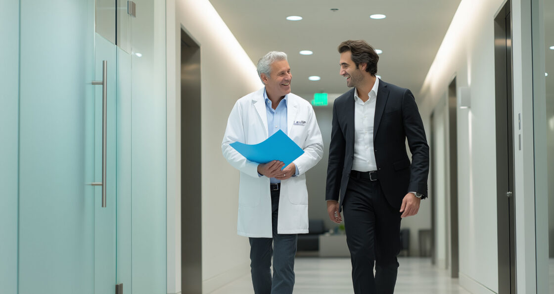 doctor and sales rep walking and talking