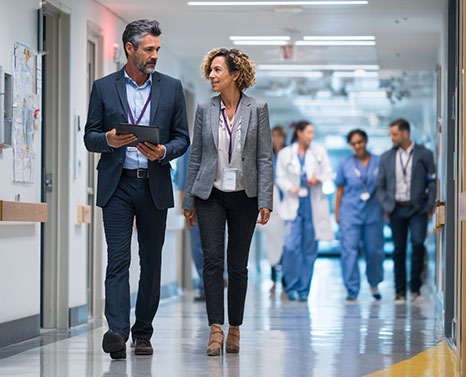 two professionals talking in a hospital hallway