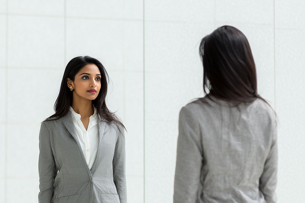 woman looking in mirror