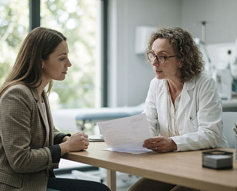 Pharmaceutical sales representative in conversation with a physician in a medical office