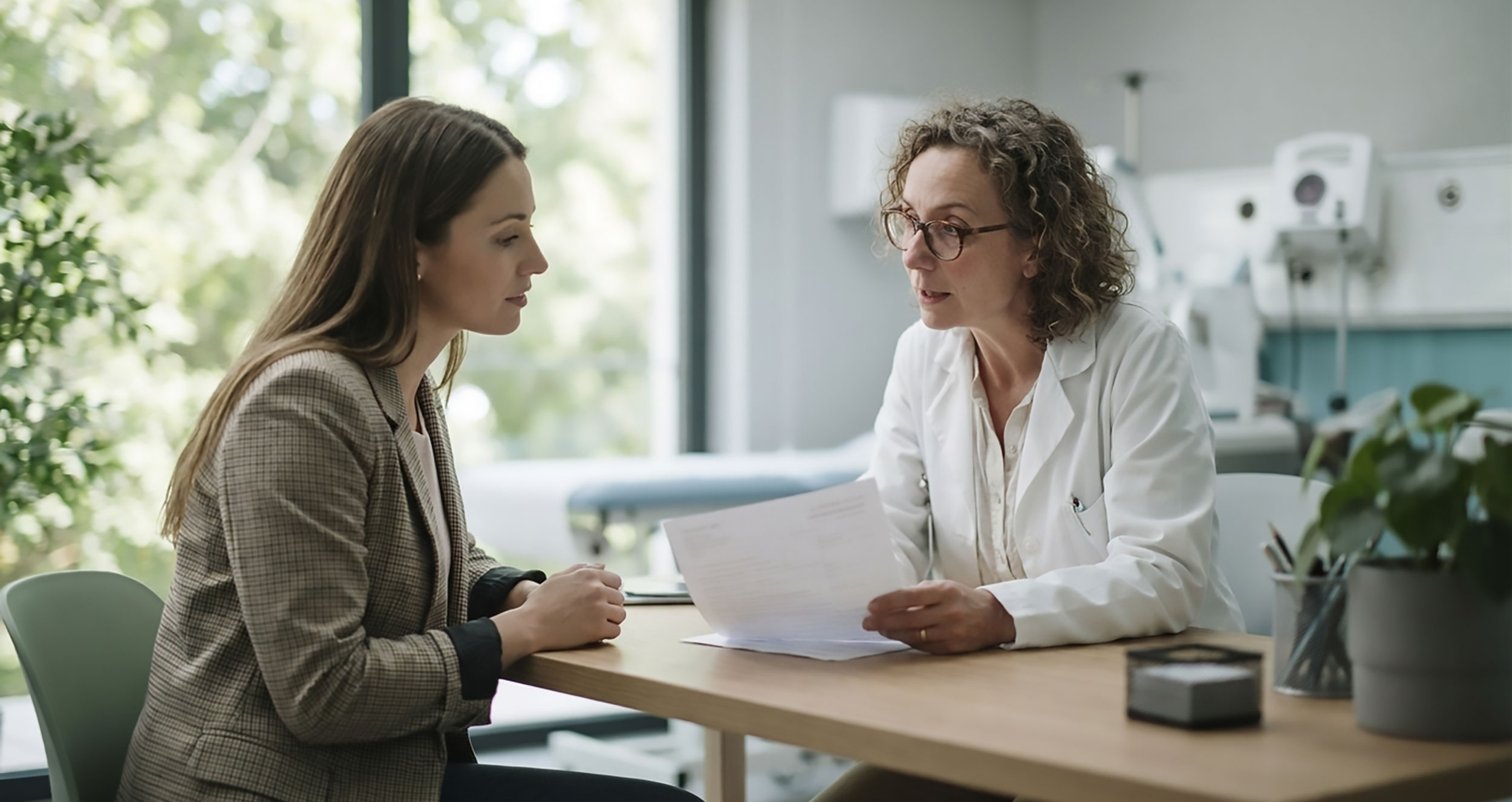 Pharmaceutical sales representative in conversation with a physician in a medical office